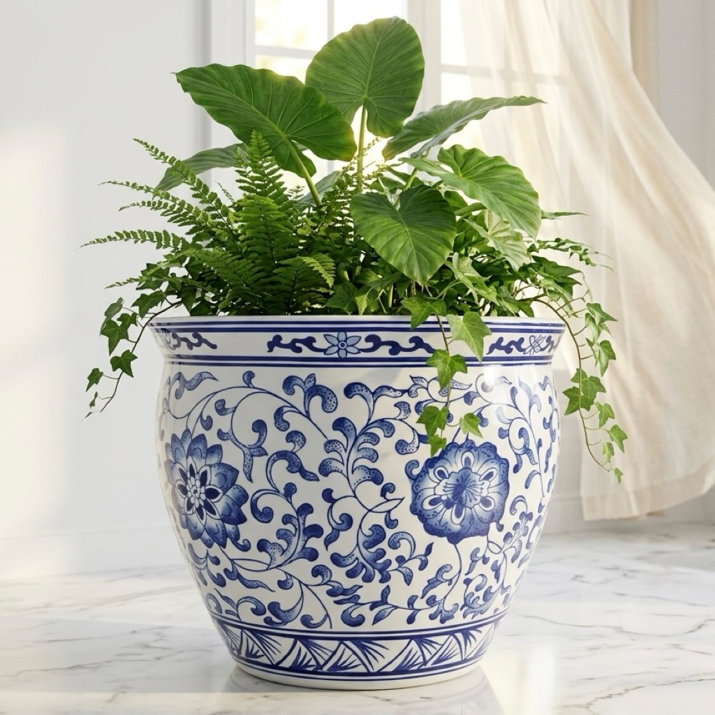 pot keramik biru putih besar / pot keramik china tanpa lubang