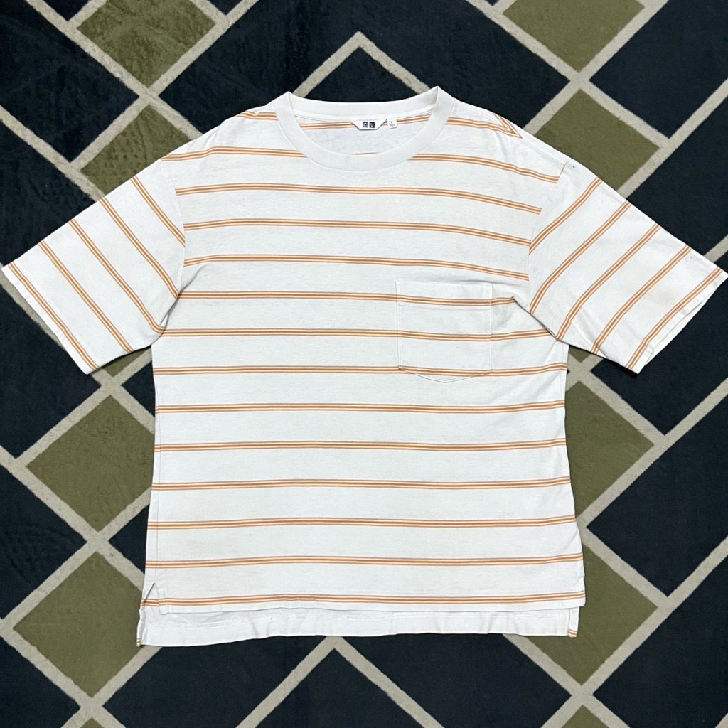 T-Shirt UNIQLO U Oversize Striped Pocket White Orange (L fit XL)
