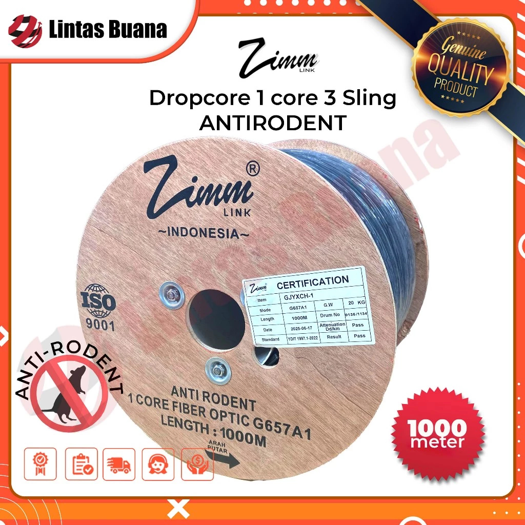 Zimmlink Kabel Dropcore 1 core 3 seling 1000 meter ANTIRODENT Zimmlink Fiber Optic 1km