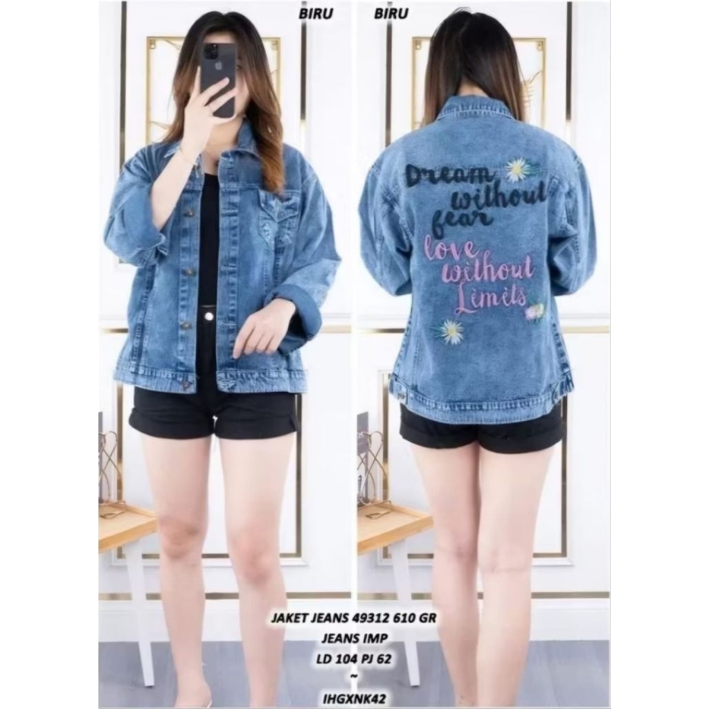 Jacket Jeans Wanita Bahan Denim Bordir Jumbo XL Kancing Hidup Saku Dada Lengan Panjang untuk Cewek O
