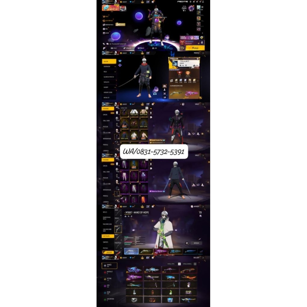 AKUN FF SULTAN-LEVEL TINGGI, SKIN LENGKAP READY AKUN FF MURAH-BAGUS FULL SKIN