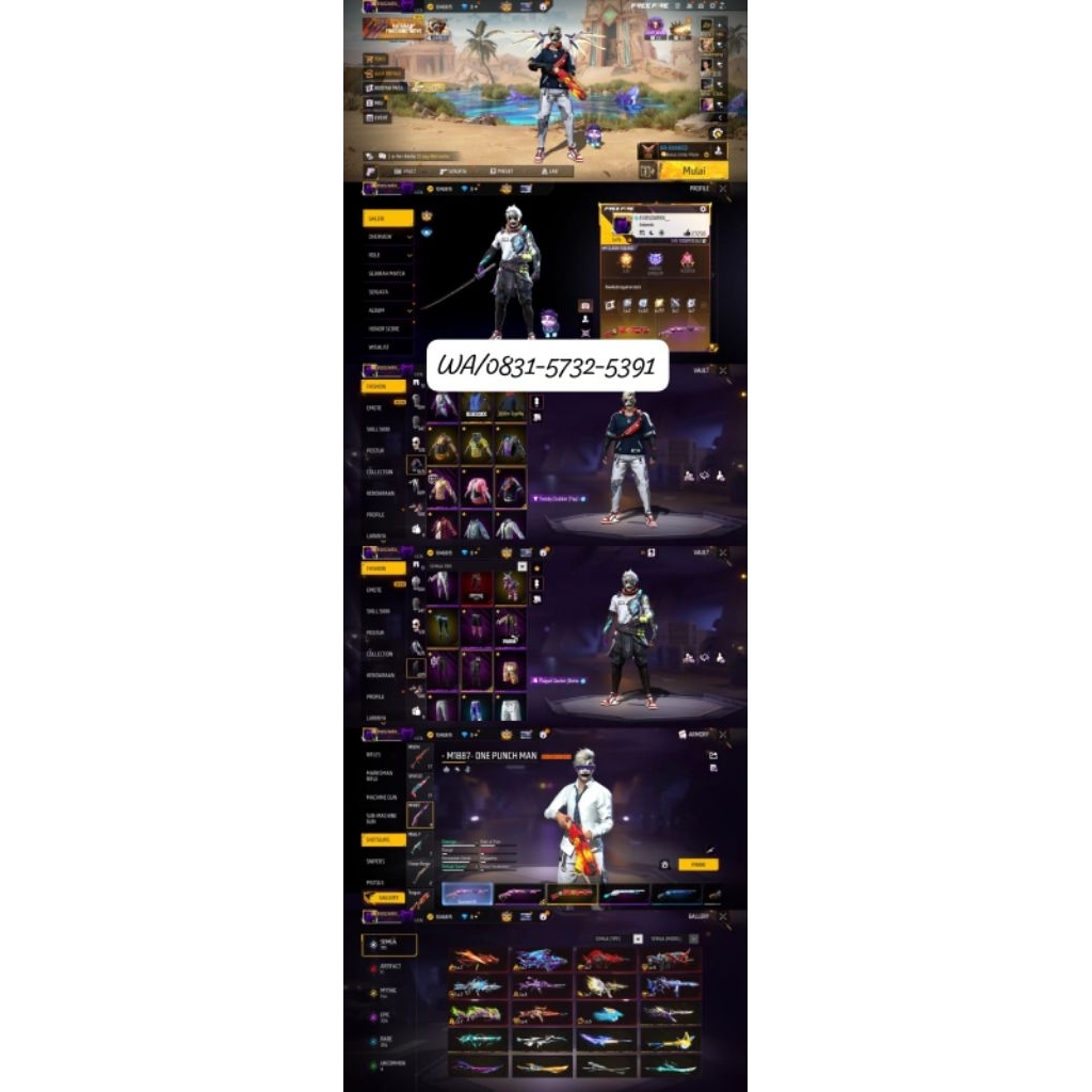 AKUN FF SULTAN-LEVEL TINGGI, SKIN LENGKAP READY AKUN FF MURAH-BAGUS FULL SKIN