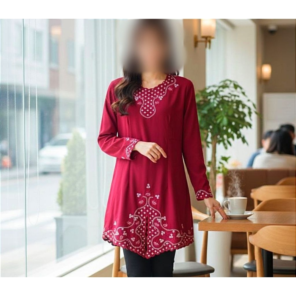 Tunik Kebaya Atasan Baju MUSLIM Bordir Merah Maroon
