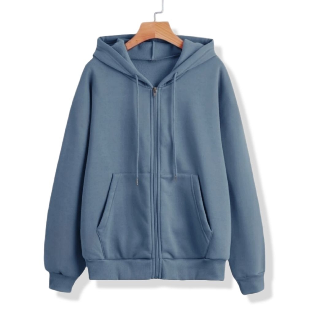 BIG PROMO SWEATER HOODIE ZIPPER PRIA FLEECE TEBAL POLOS CREAM