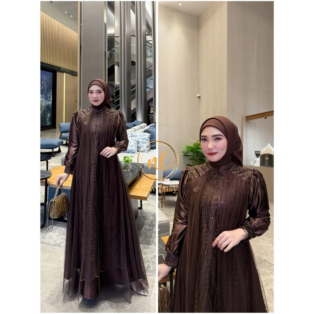 Mazaya Dress Gamis Brokat Terbaru Gaun Pesta Wanita Mahogany Mewah Bahan Satin Kombinasi Brukat Till