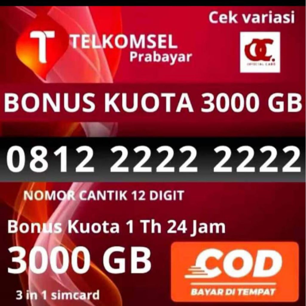 promo kartu perdana Telkomsel nomor cantik Telkomsel 12 digit dengan bonus kuota 3000GB bisa di guna