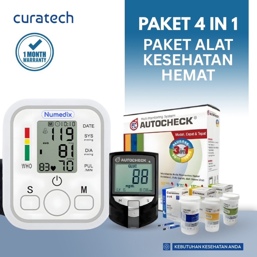 Paket Hemat 4 In 1 Autocheck 3 In 1 Mesin Alat Cek Gula  Darah Kolesterol Asam Urat / Numedix Penguk