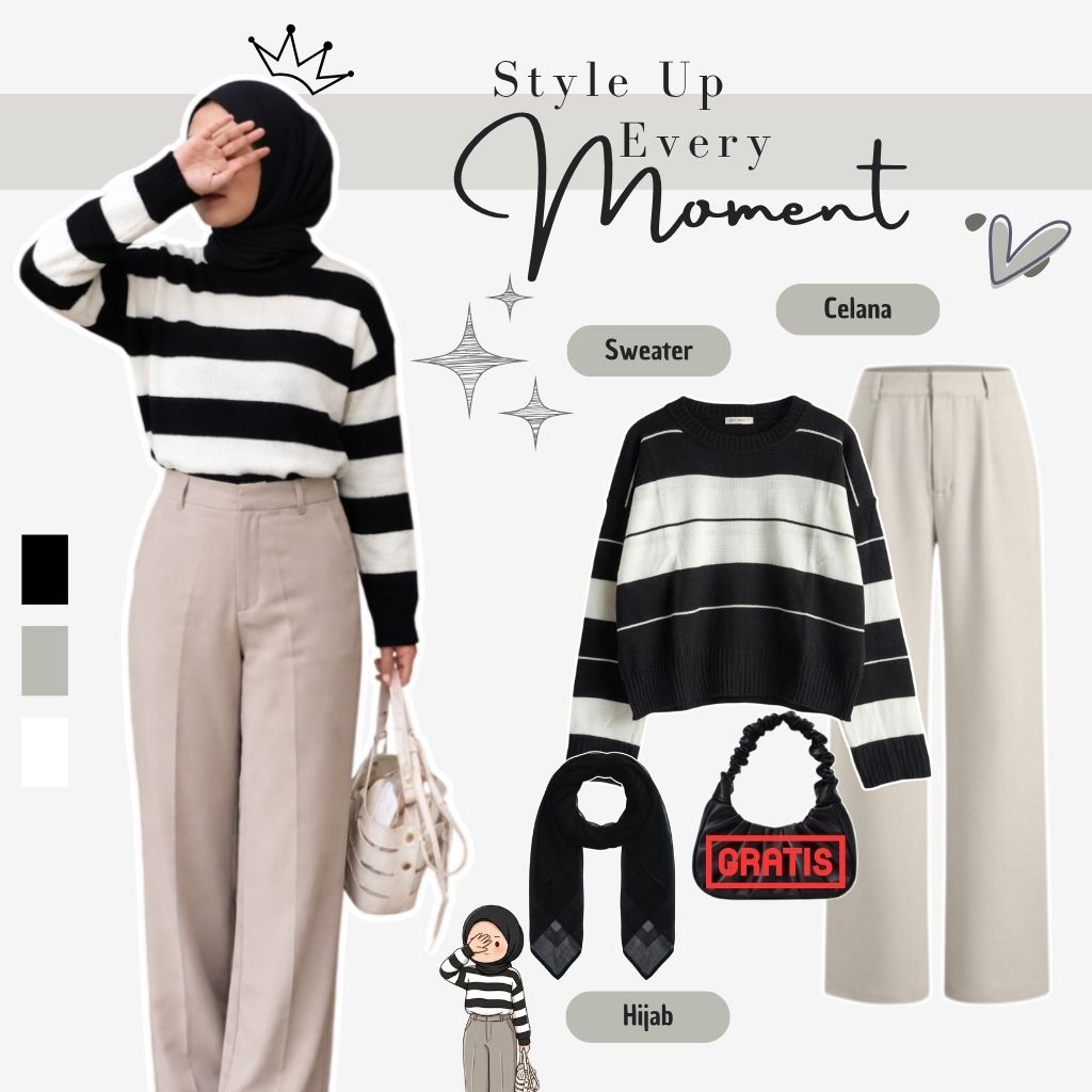Setelan Baju Remaja Kekinian | Sweater Stripe + Oro Knit + Hijab | One Set Outfit - 097
