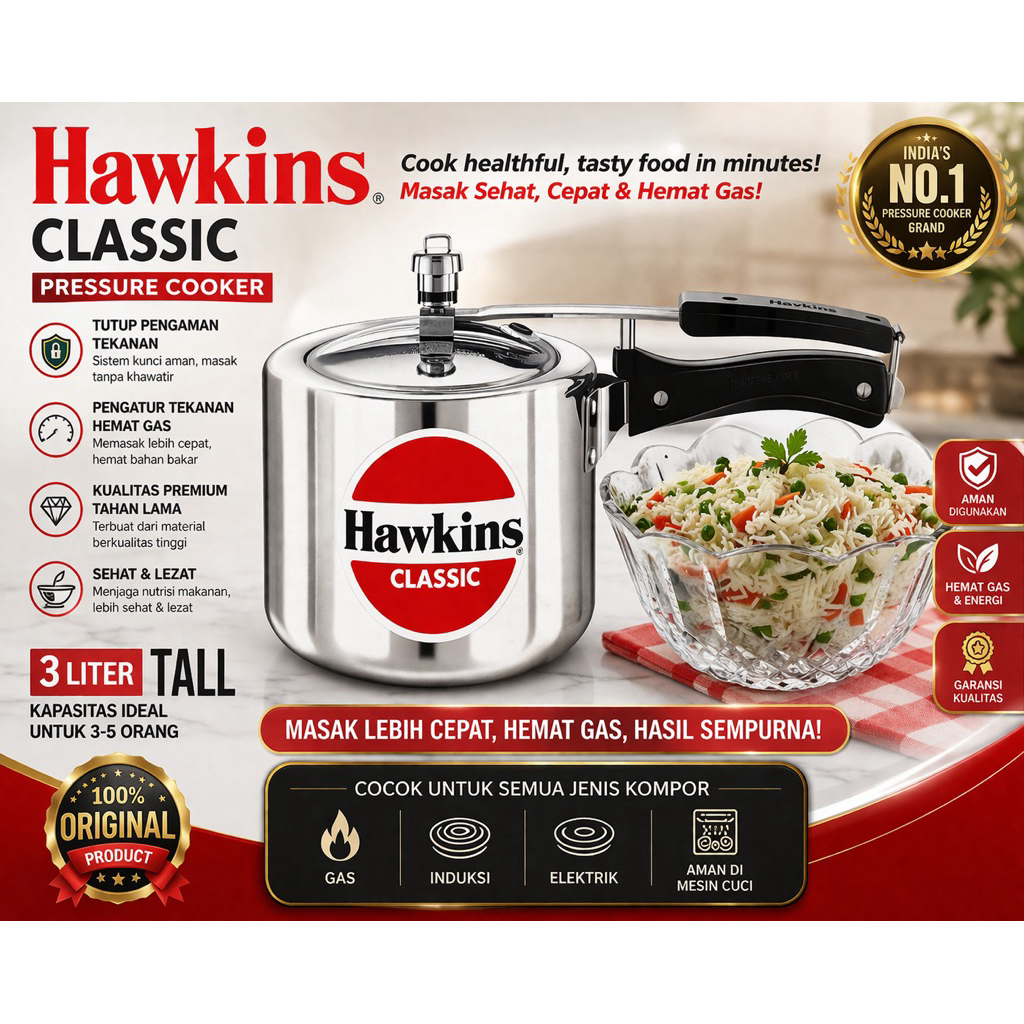 Hawkins Classic Pressure Cooker 3L – Panci Presto India Original – Stainless Steel”