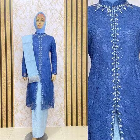 Set Kebaya Tunik Brokat Malika Payet + Slendang / Long Dress Kebaya Pesta Modern