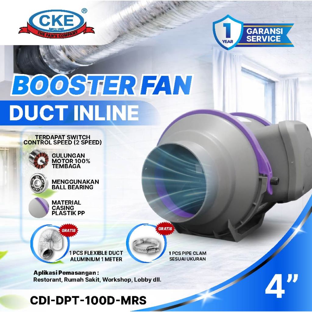 Inline Duct Booster Fan Plastik 4" Inch Kipas Hisap Ventilasi 2 Speed