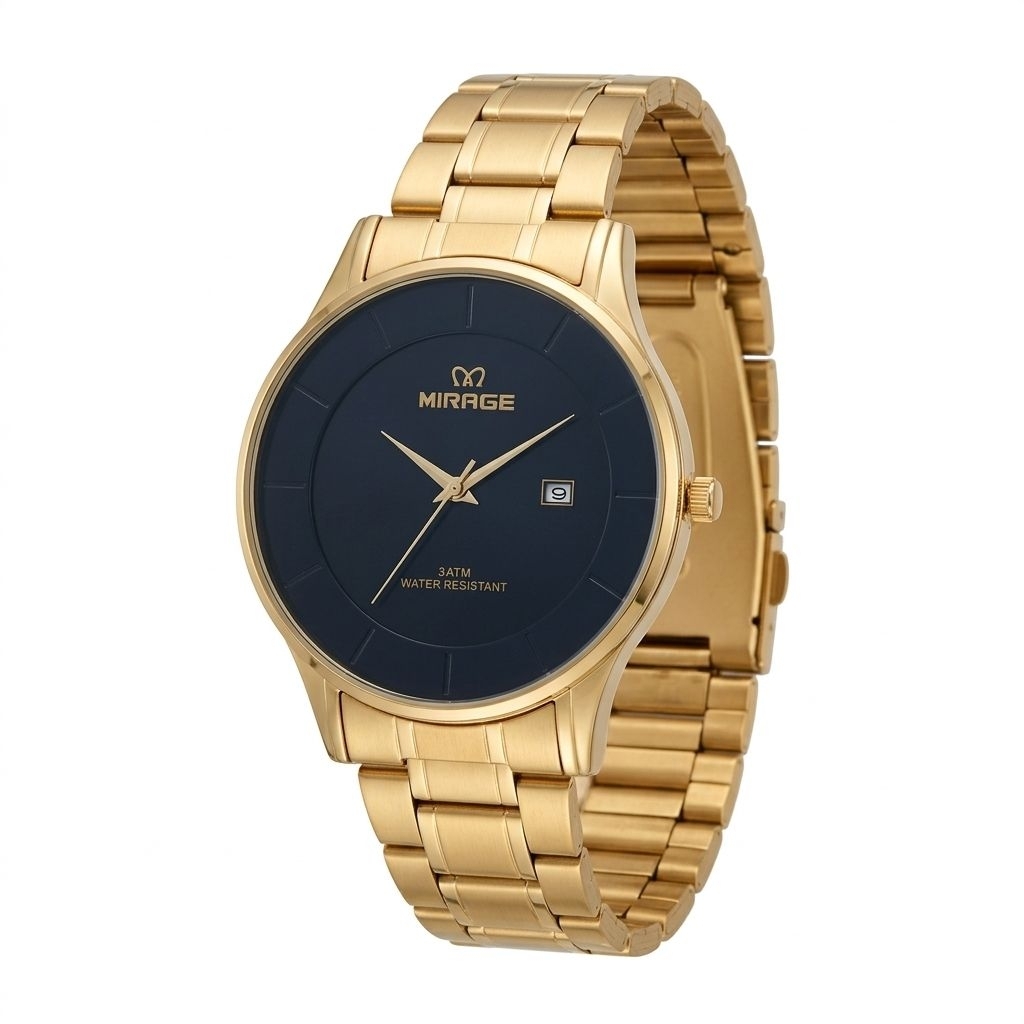 Jam Tangan Mirage 8670BRP-M Rantai Gold Dasar Hitam Cowok