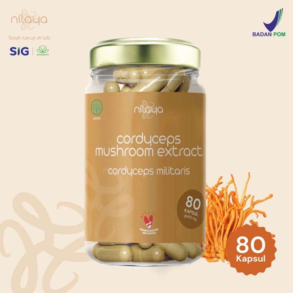 NILAYA Cordyceps Mushroom Extract Kapsul 10:1 - Energy & Stamina, Immune System Support, Adaptogenic