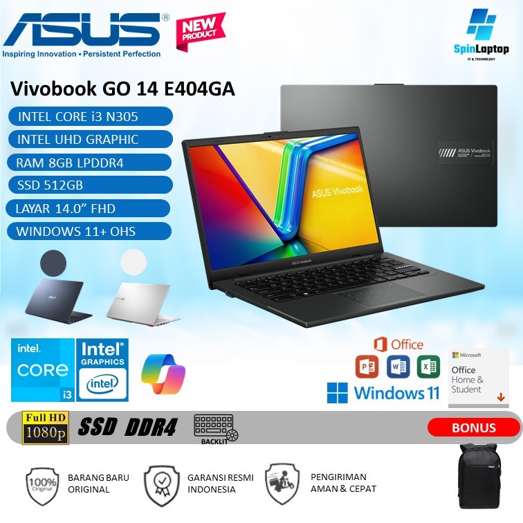 Laptop ASUS VivoBook Go 14 E1404GA | Intel Core i3 -N305 RAM 8GB SSD 512GB W11+OHS| Garansi 2 Tahun