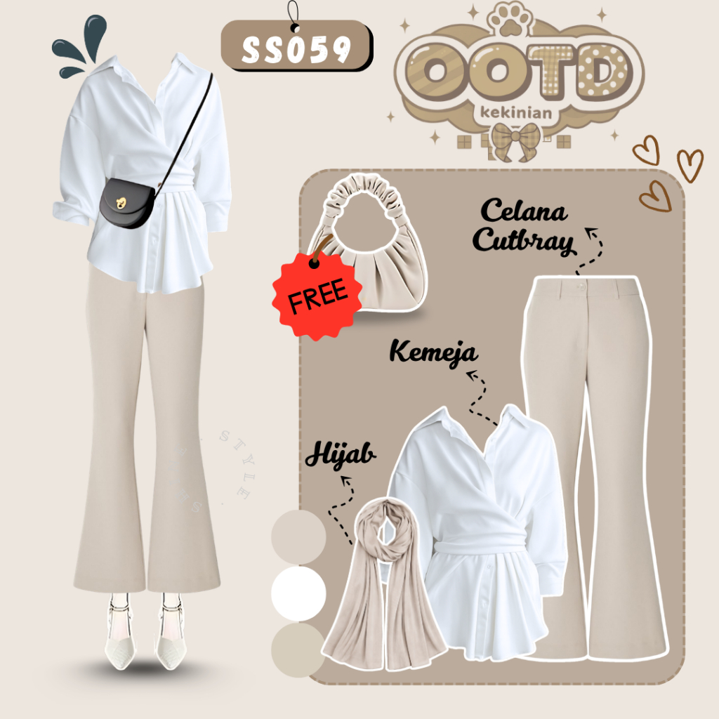 One Set Wanita Kekinian | Kemeja Twistcone Putih Celana Cutbray Scuba Cream Pashmina Cream | SS059