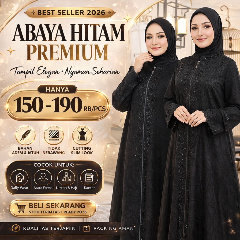Gamis abaya wanita Qatar series warna hitam nyaman elegan & Murah