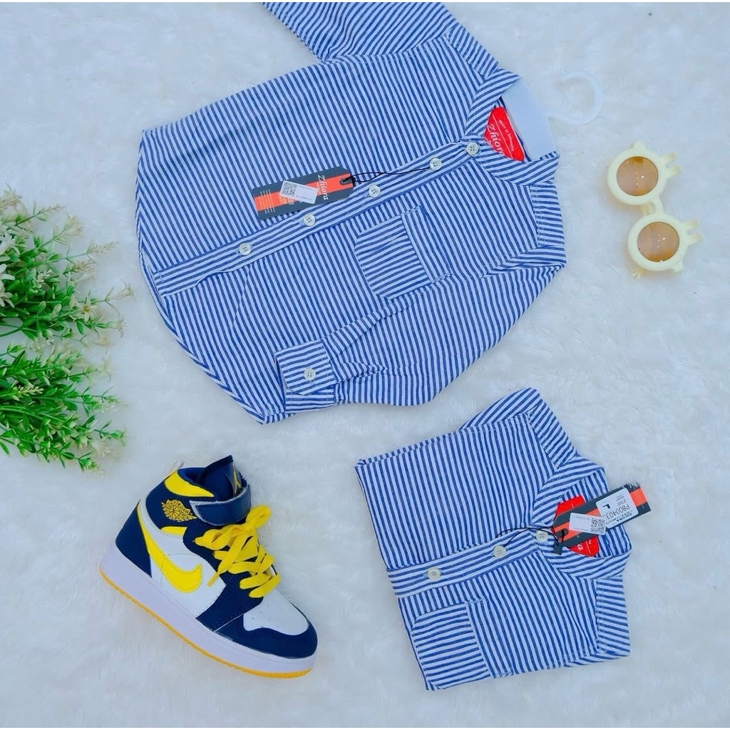 Kemeja Anak Motif Garis Biru Putih Lengan Panjang Baju Anak Cowok Kekinian