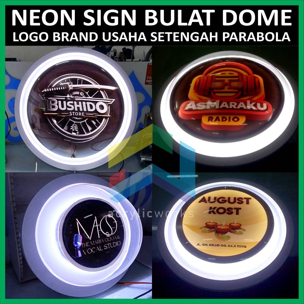 Neon Sign Logo Papan Usaha Nama Toko Nyala LED Bulat Dome Modern Elegan