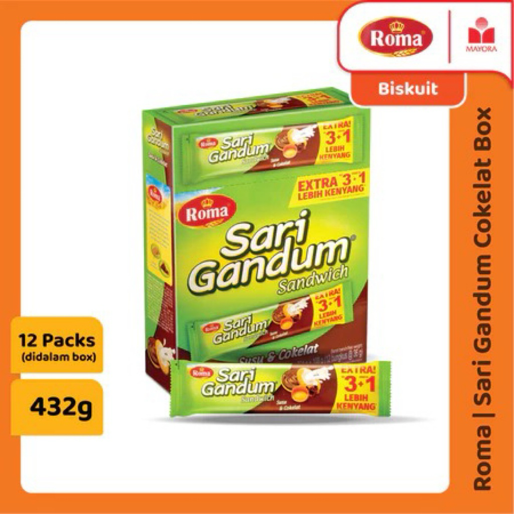 12 Pcs Biskuit Sandwich Roma Sari Gandum Rasa Susu Cokelat, Peanut Butter, Kacang