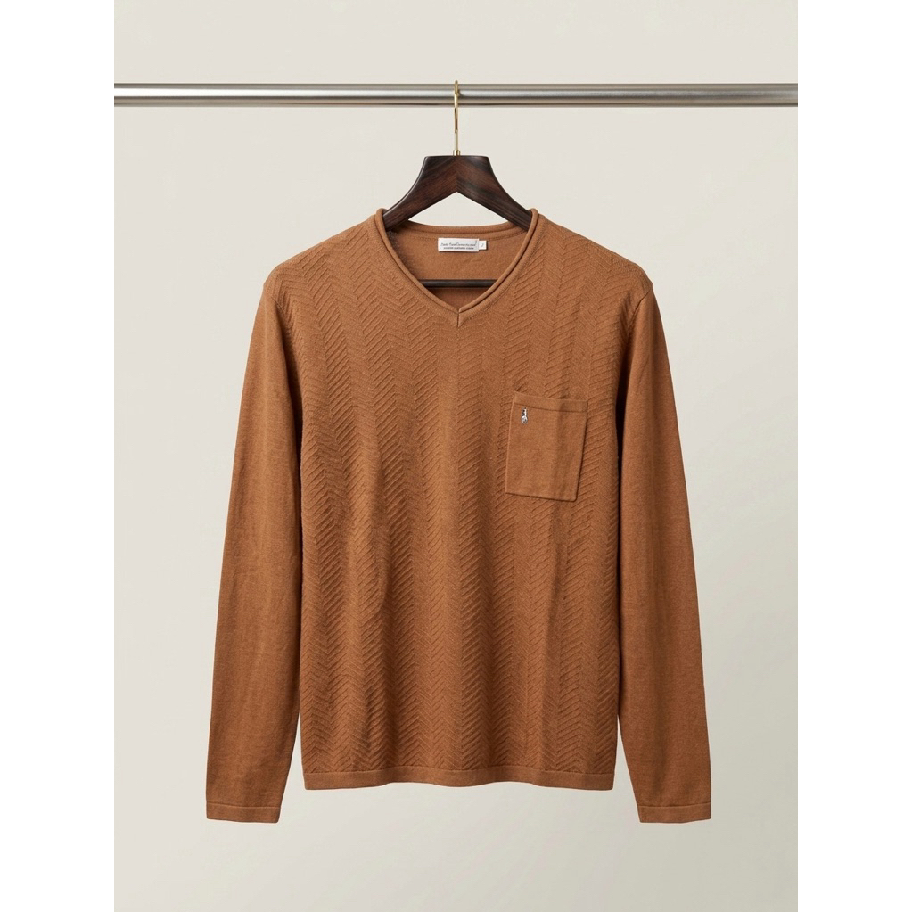 Sweater Hush Puppies Knitwear V-Neck With Pocket Rajut Pria Bronze