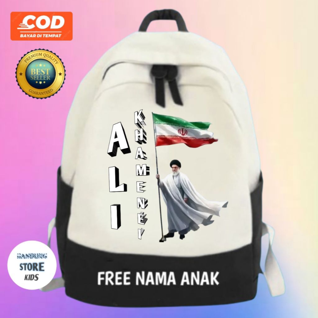Ali Khamenei Tas Ransel Anak Sekolah Motif Gambar Ali Khamenei pemimpin Iran Gratis Cetak Nama