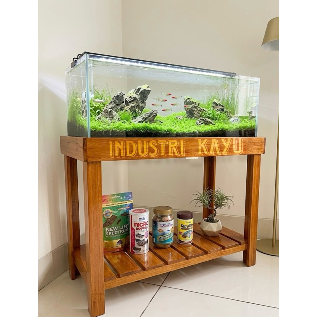 rak aquarium 2 tingkat bahan kayu mahoni pilihan