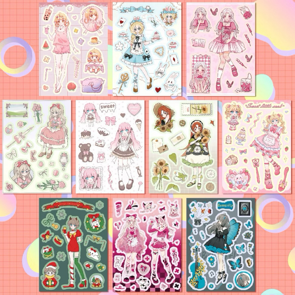 Stiker Jurnal Anime Girl Dress Up - Sticker Sheet Aesthetic Kawaii Characters & Outfit Style