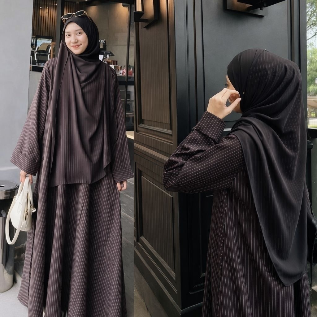Gamis Abaya Motif Salur Premium bahan Semiwool - Abaya Muslim Motif Salur Elegant