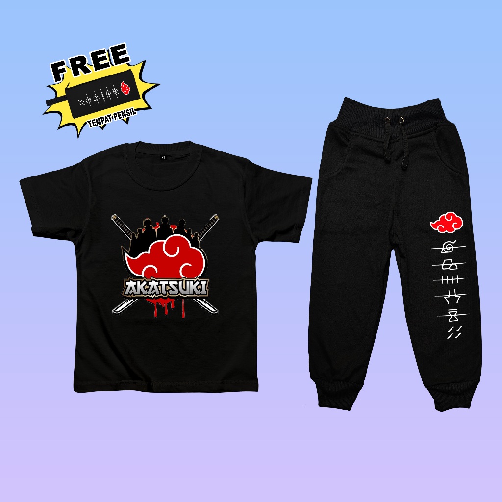 Setelan Baju Anak Akatsuki Naruto / Set Kaos Dan Celana Akatsuki Anak