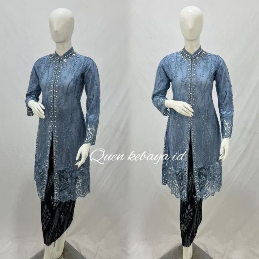 Kebaya Tunik Panjang Brokat Full Payet Kristal / Atasan Kebaya Pesta Kerah Shanghai Mewah / Outfit K