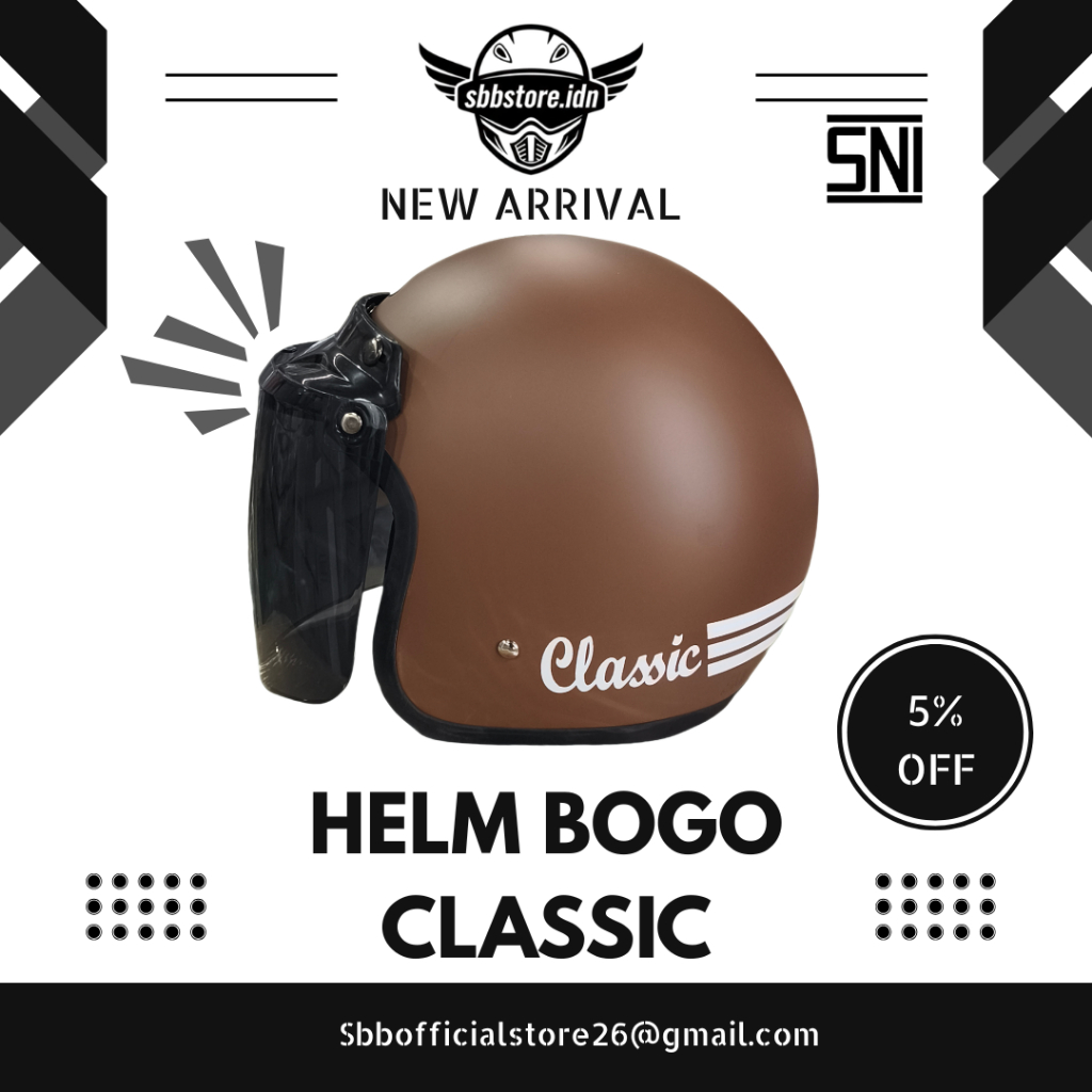 Helm Bogo Classic SNI + Pet Semicircle dan Pet Bebek  Helm Retro Best Seller Tanpa Kaca