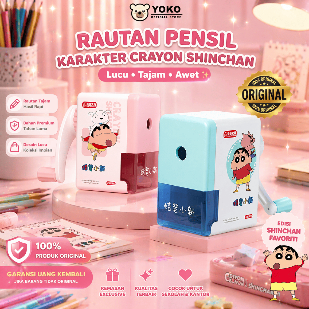 YOKO Rautan Pensil Putar Shinchan Original Premium Rautan Giling Rautan Meja Lucu Kokoh Pencil Sharp