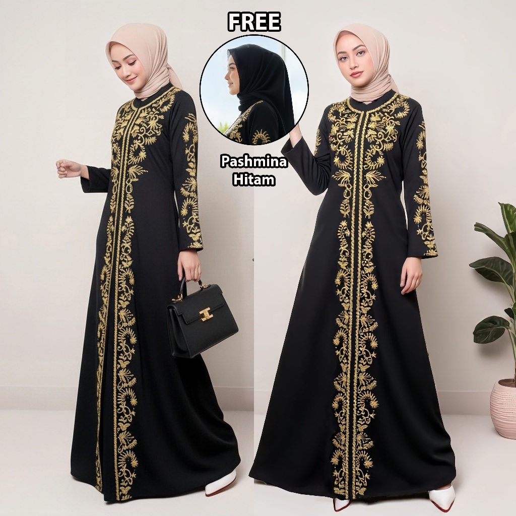 Baju Gamis Abaya Turkey 213 Bordir Gold Hitam Dubai Turki Arab Size S M L XL Ld 100 105 110 120 Gami
