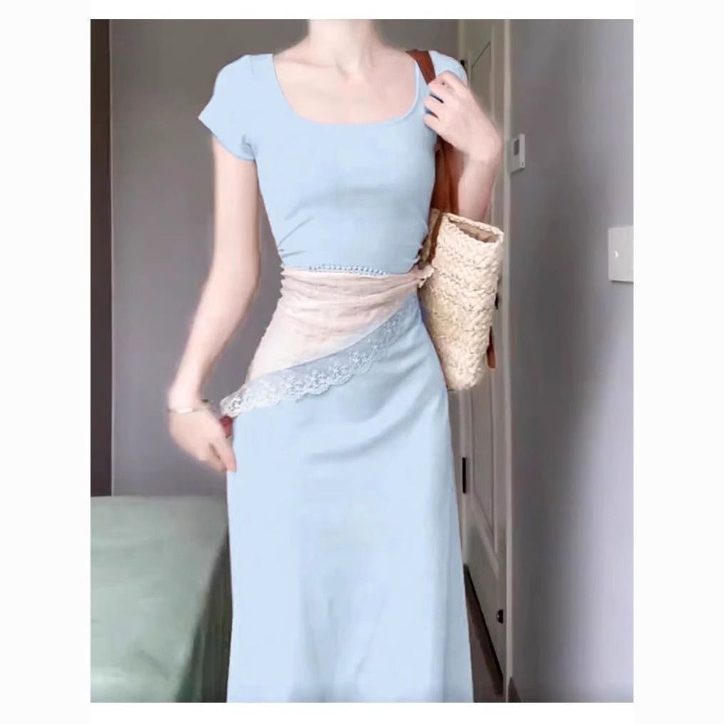 Gaun Biru Wanita Musim Panas Fashion Baru Fashion Dopamine Murni Pinggung Pakaian tas pinggul gaun p