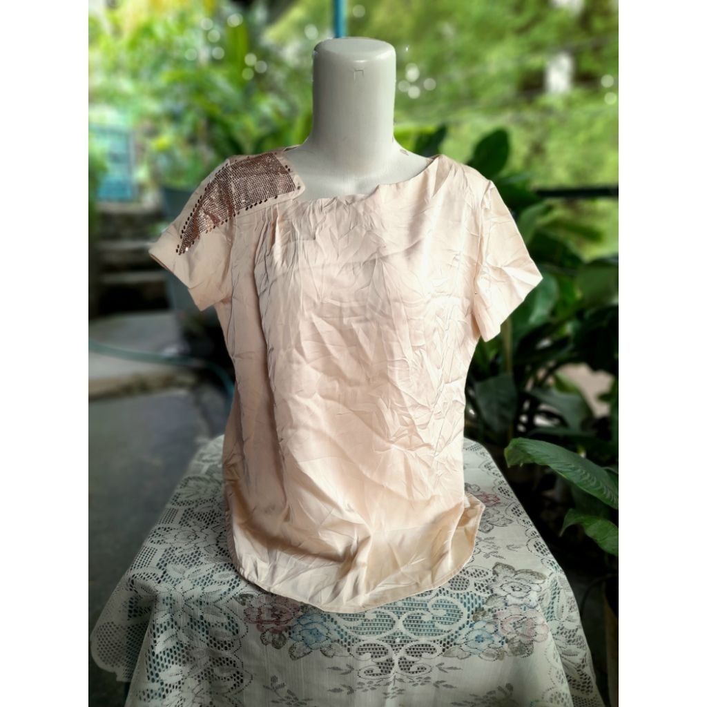 Blouse Wanita Satin Armani rose gold Elegant || beaded shoulder || Premium Murah
