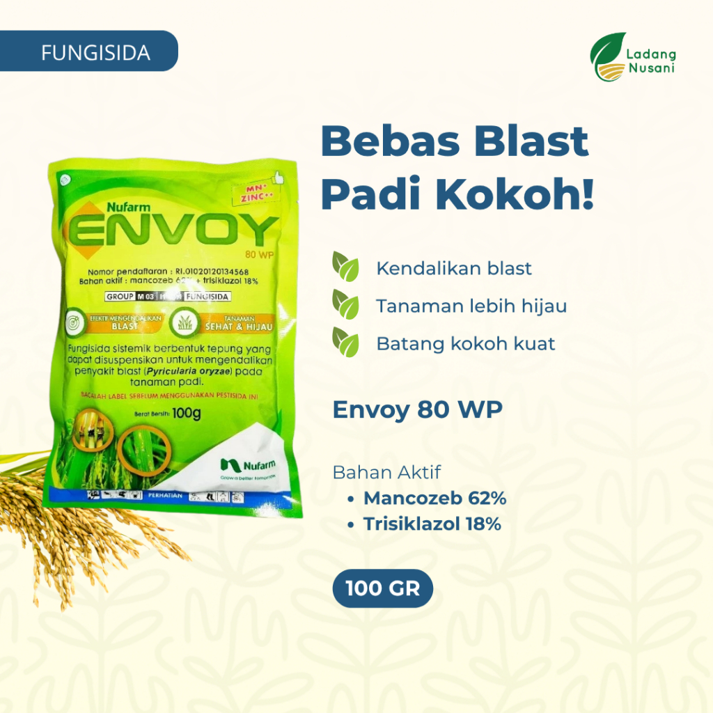 Nufarm ENVOY 80 WP 100 gr – Fungisida Padi Sistemik, Kendalikan Blast Daun & Leher, Daun Lebih Hijau