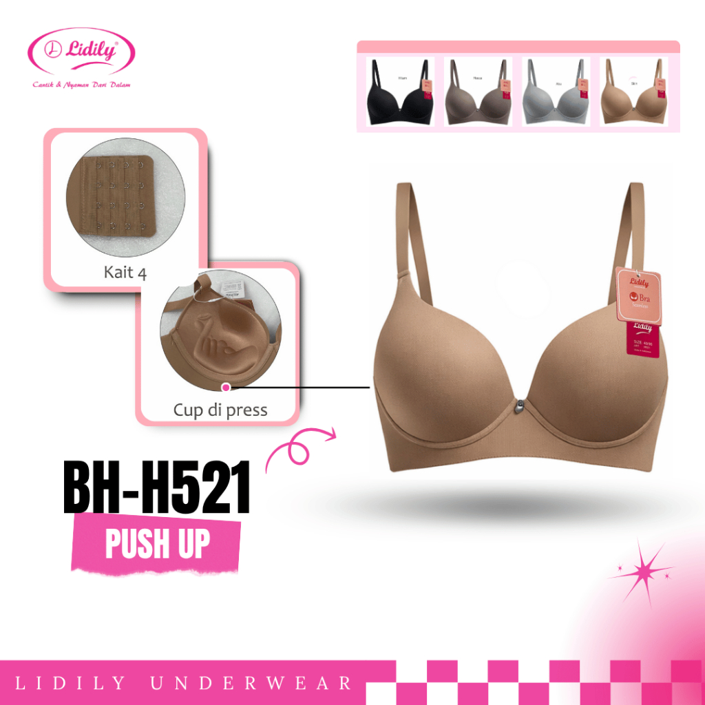 LIDILY Bra Seamless Wanita Lidily BH Polos Cup B Push Up Bra Kawat Nyaman Daily Wear 3 Kait H521