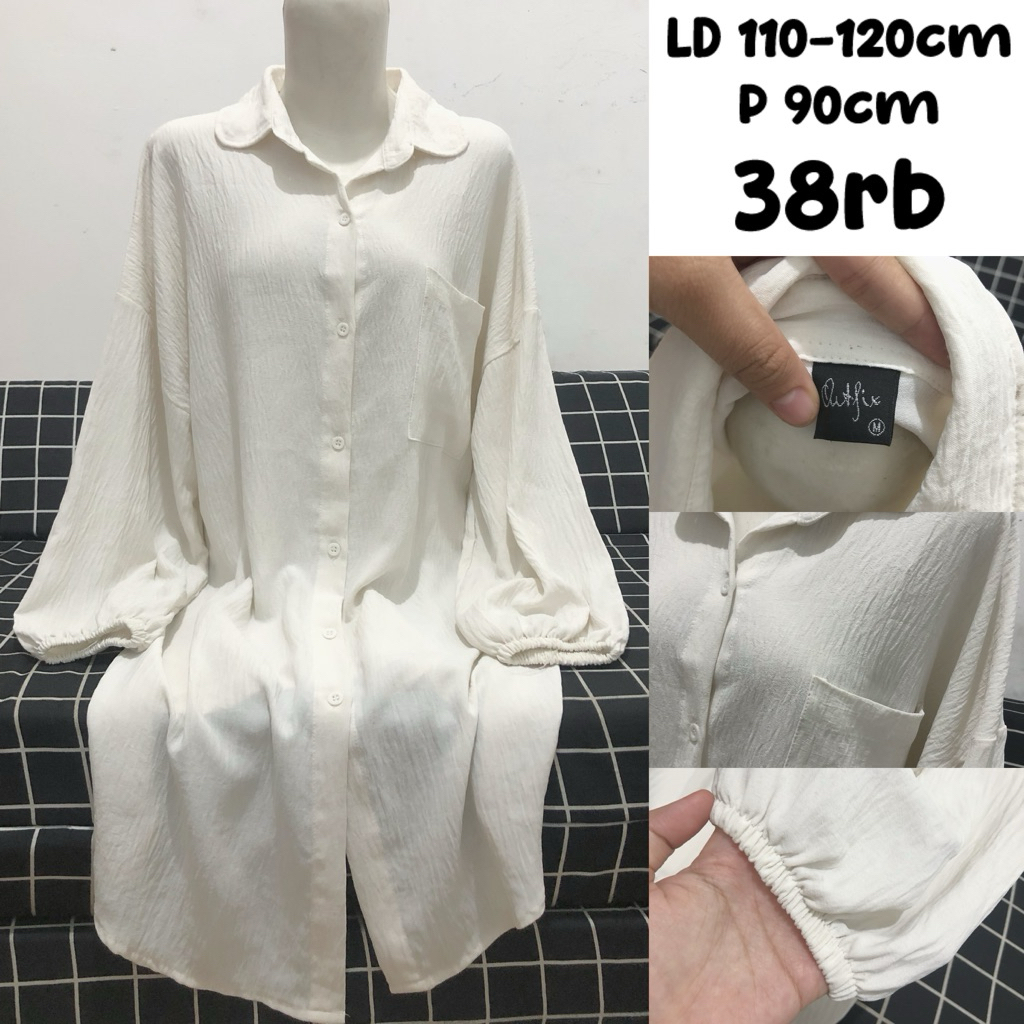 Outfix kemeja tunik lengan balon oversize white putih puffy basic crinkle
