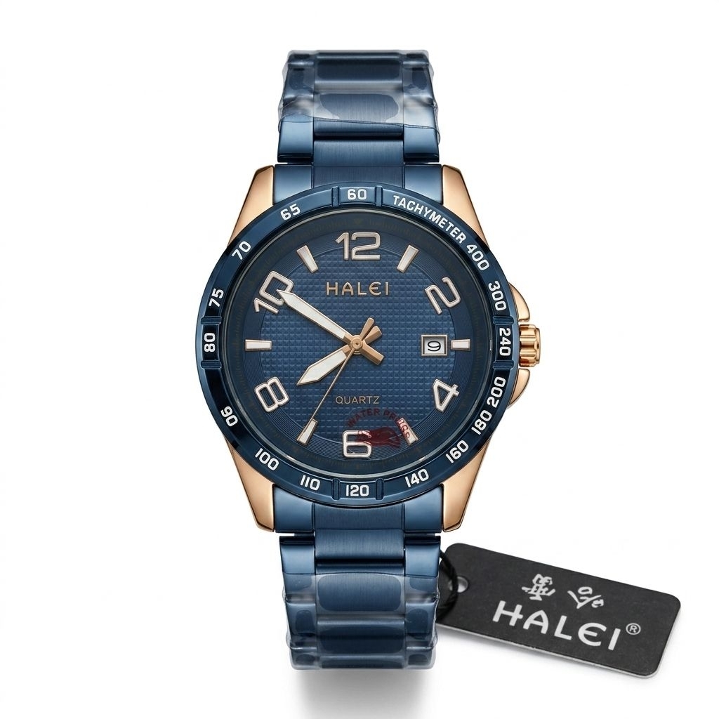 Jam Tangan Halei 8029 Rantai Biru Rosegold Diameter 4cm Cowok