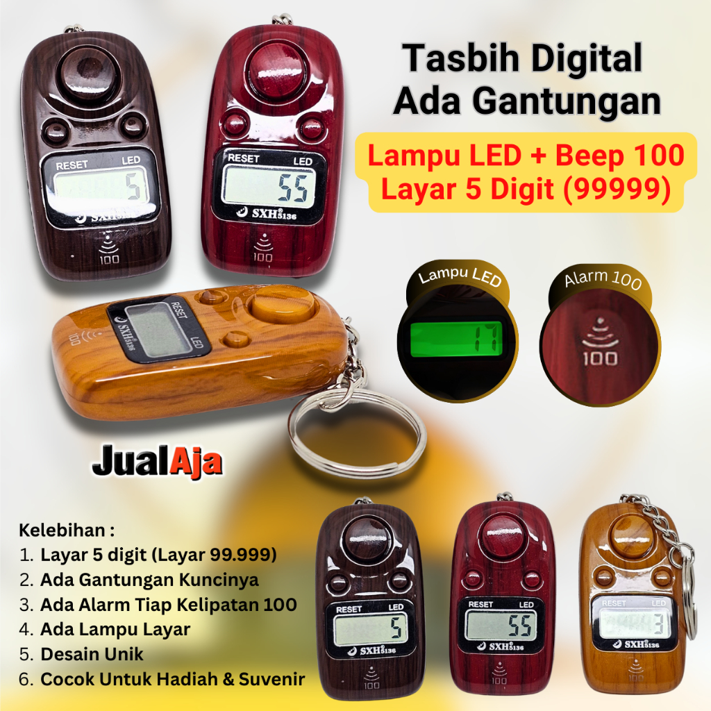Tasbih Digital LED Aesthetic Motif Kayu Cantik Bunyi 100 Zikir Cincin