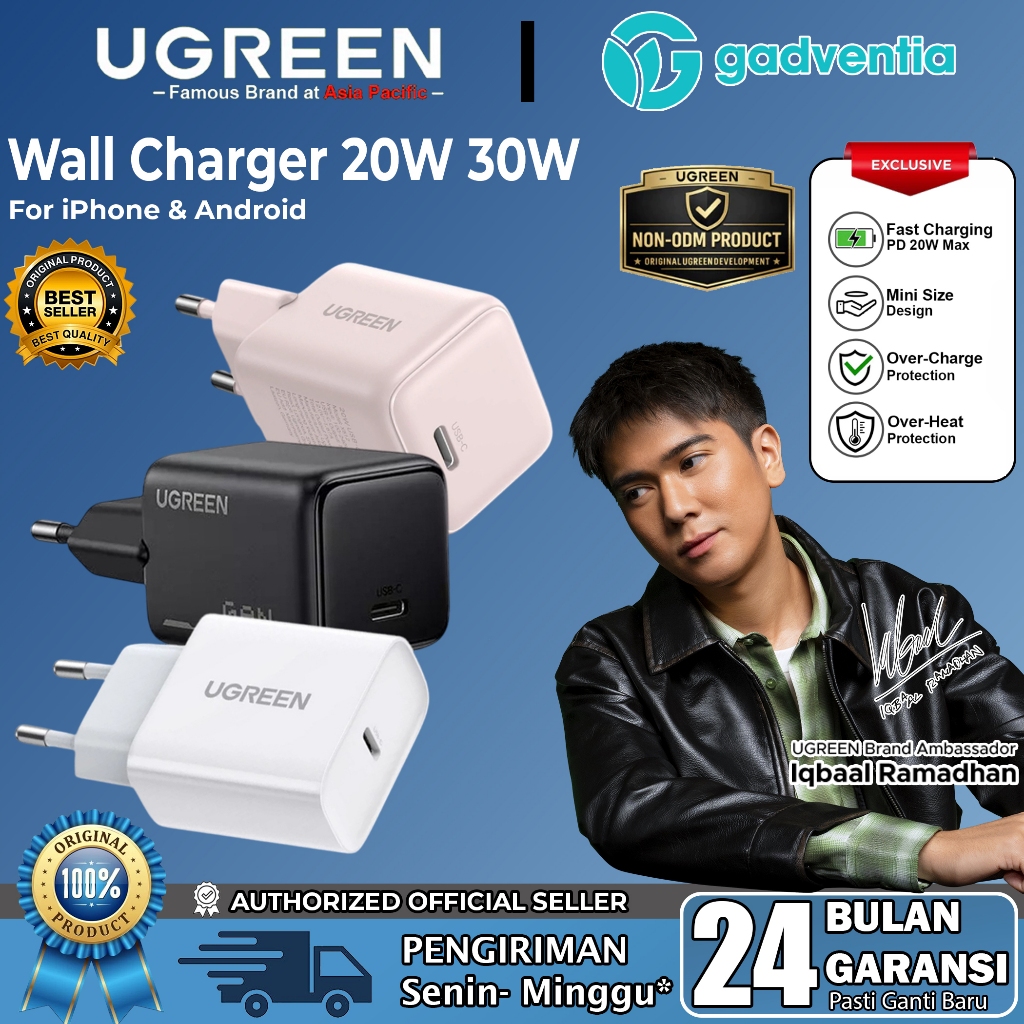 UGREEN Kepala Adaptor Charger MFI Untuk iPhone 17 16 15 14 13 12 Type C PD Fast Charging 30W 20W 45W