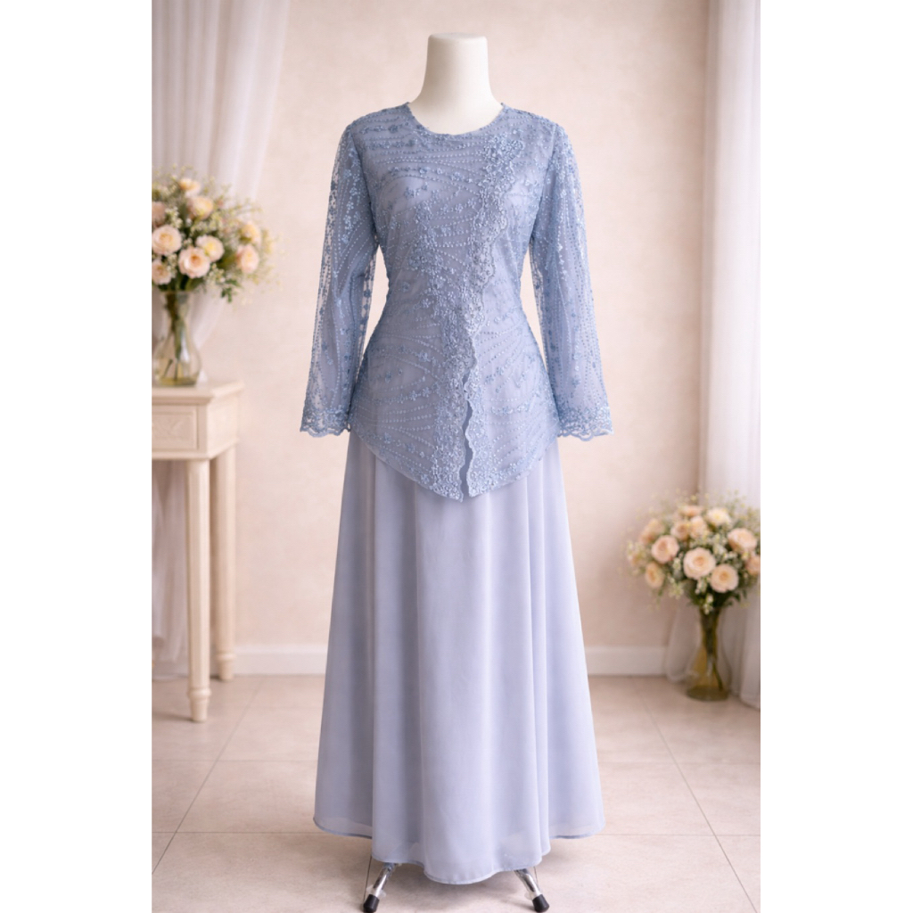 Dress Kebaya Modern Wanita Biru Pastel Full Brokat Elegan Lengan Panjang Pesta