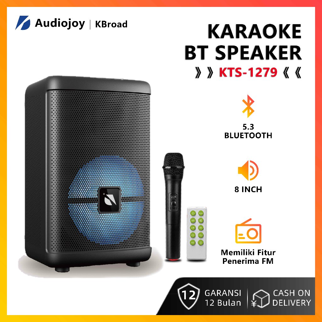 Speaker Bluetooth Karaoke Portable Pesta Outdoor 8 Inch Free Mic Remote Bass Treble Lampu RGB Garans