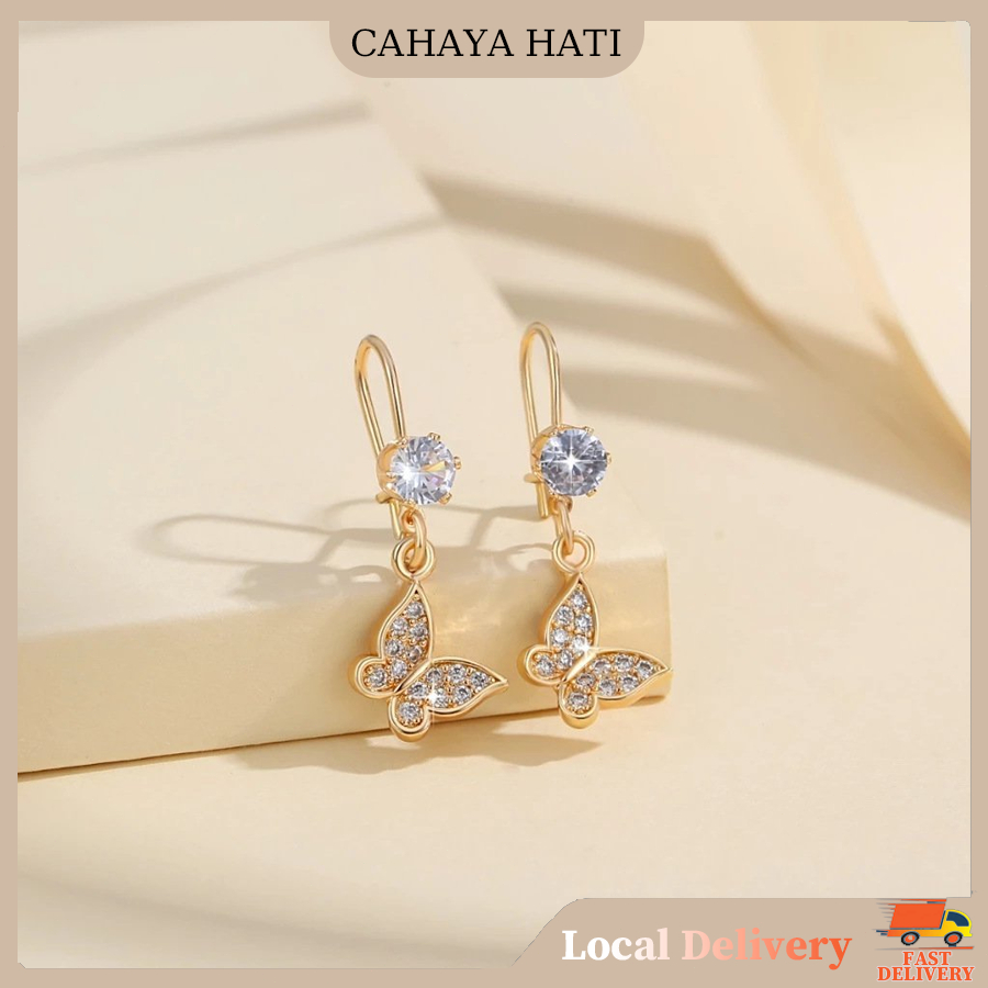 Anting Wanita Kupu-Kupu Titanium Lapis Anting Zirkon Gantung Lapis Emas Anting