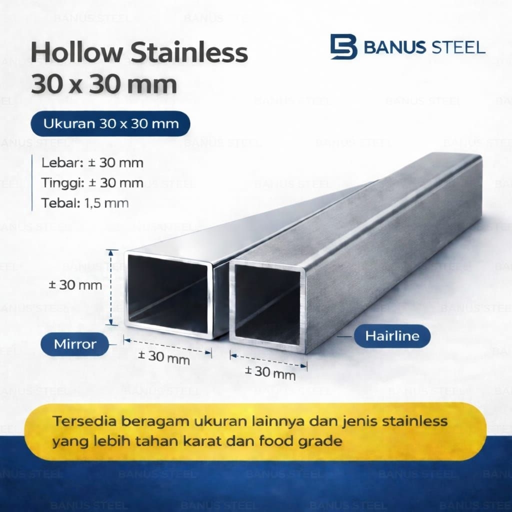 Hollow stainless 30 x 30 x 1,5 mm panjang 1 meter pipa kotak stainless hollow 3 x 3 cm 201