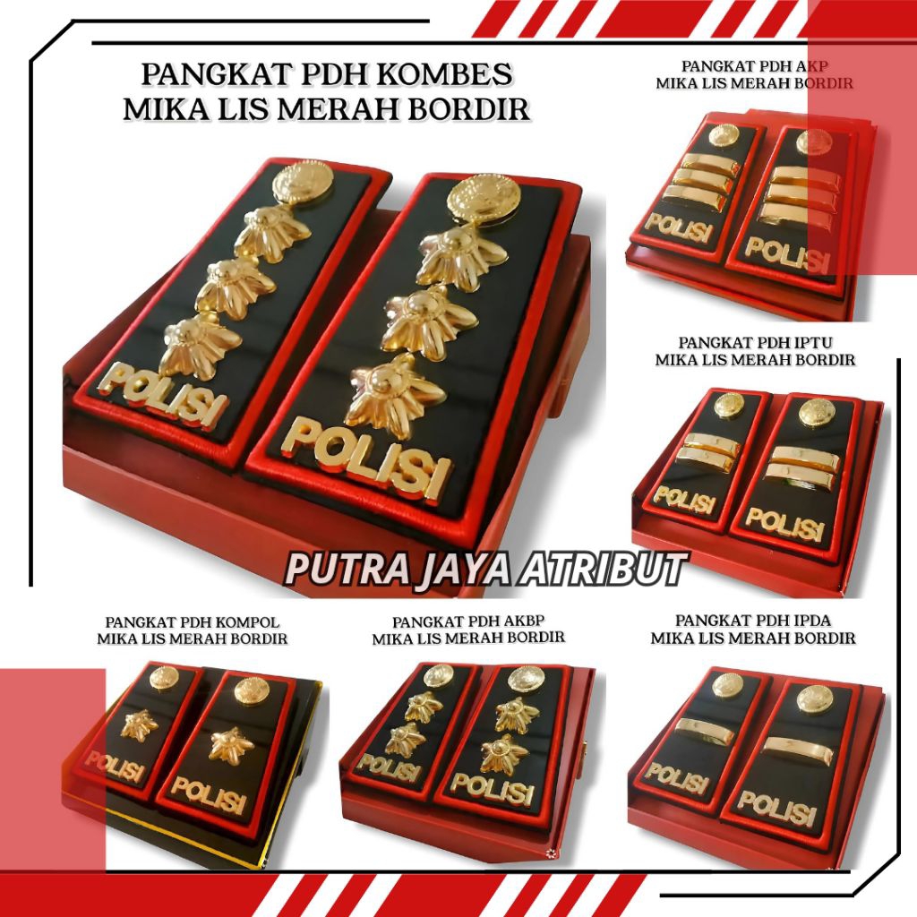 Pangkat Polri PDH IPDA IPTU AKP KOMPOL AKBP KOMBES Mika Kilap Lis Merah Bordir - Desain Elegan, Mate