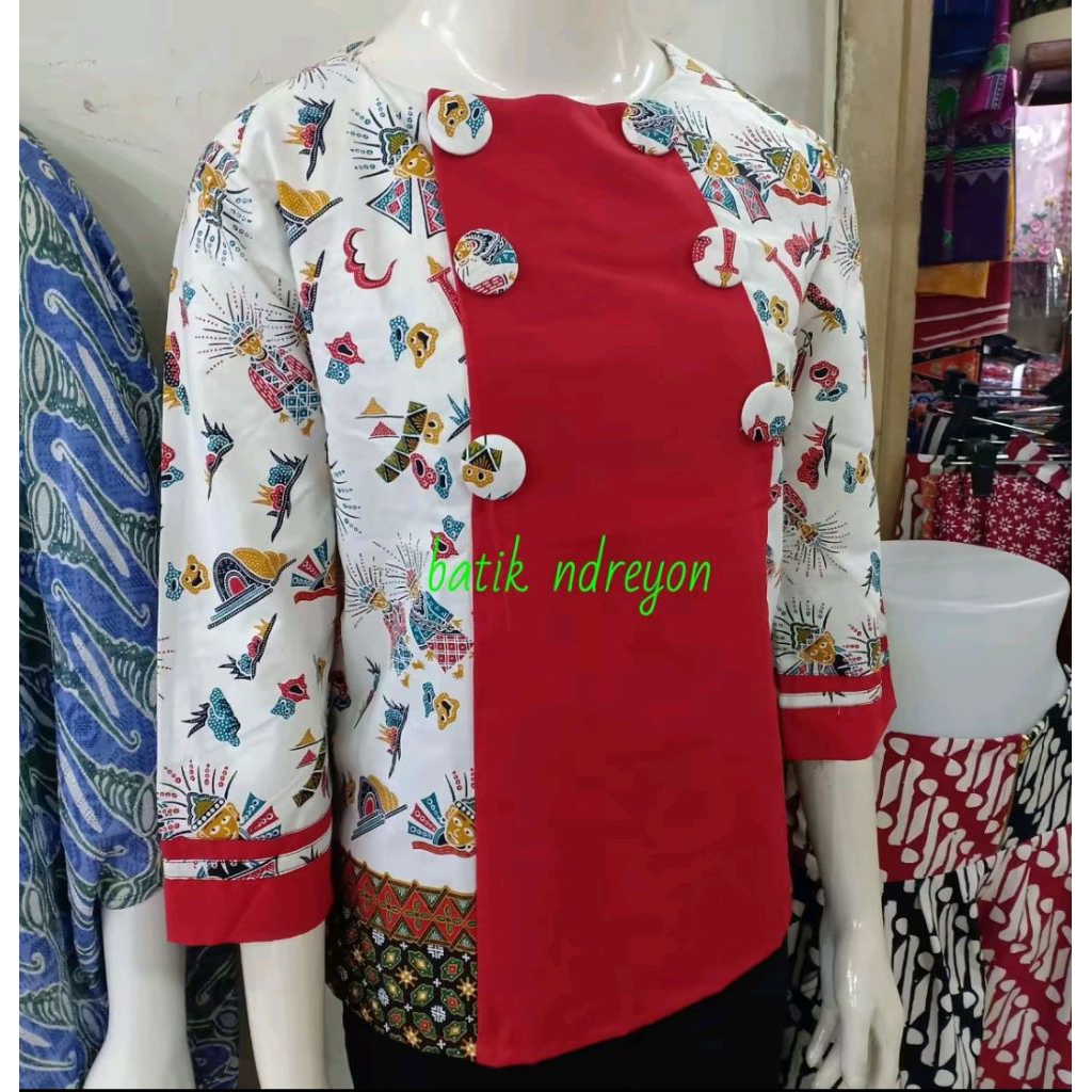 blouse batik betawi ondel kombinasi kode keong mas putih