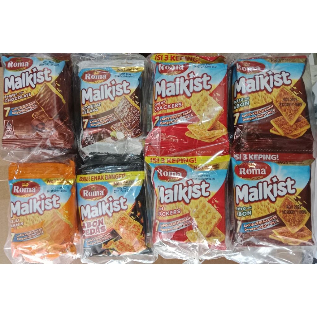 Satuan 18 g Biskuit Roma Malkist Renceng Rasa Abon, Cokelat, Keju Manis, Crackers