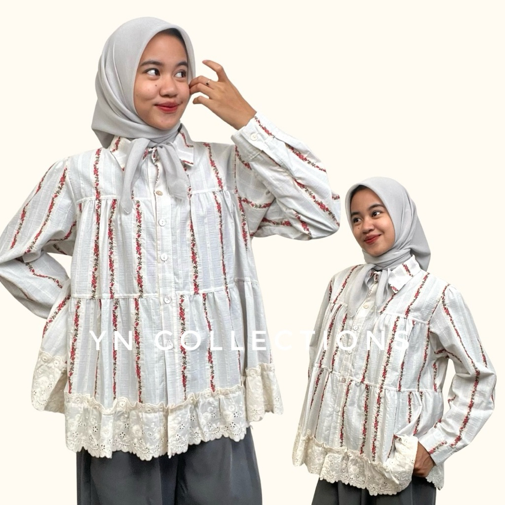 YN - Blouse Wanita Korean Style Lengan Panjang | Atasan Wanita Ruffle Motif Bunga