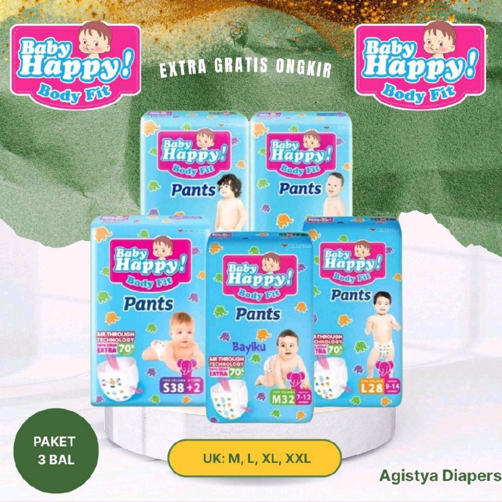 (Agistya Diapers) Pampers Baby Happy Pants. Pembelian 3 bal pampers baby happy ukuran M, L, XL, XXL.